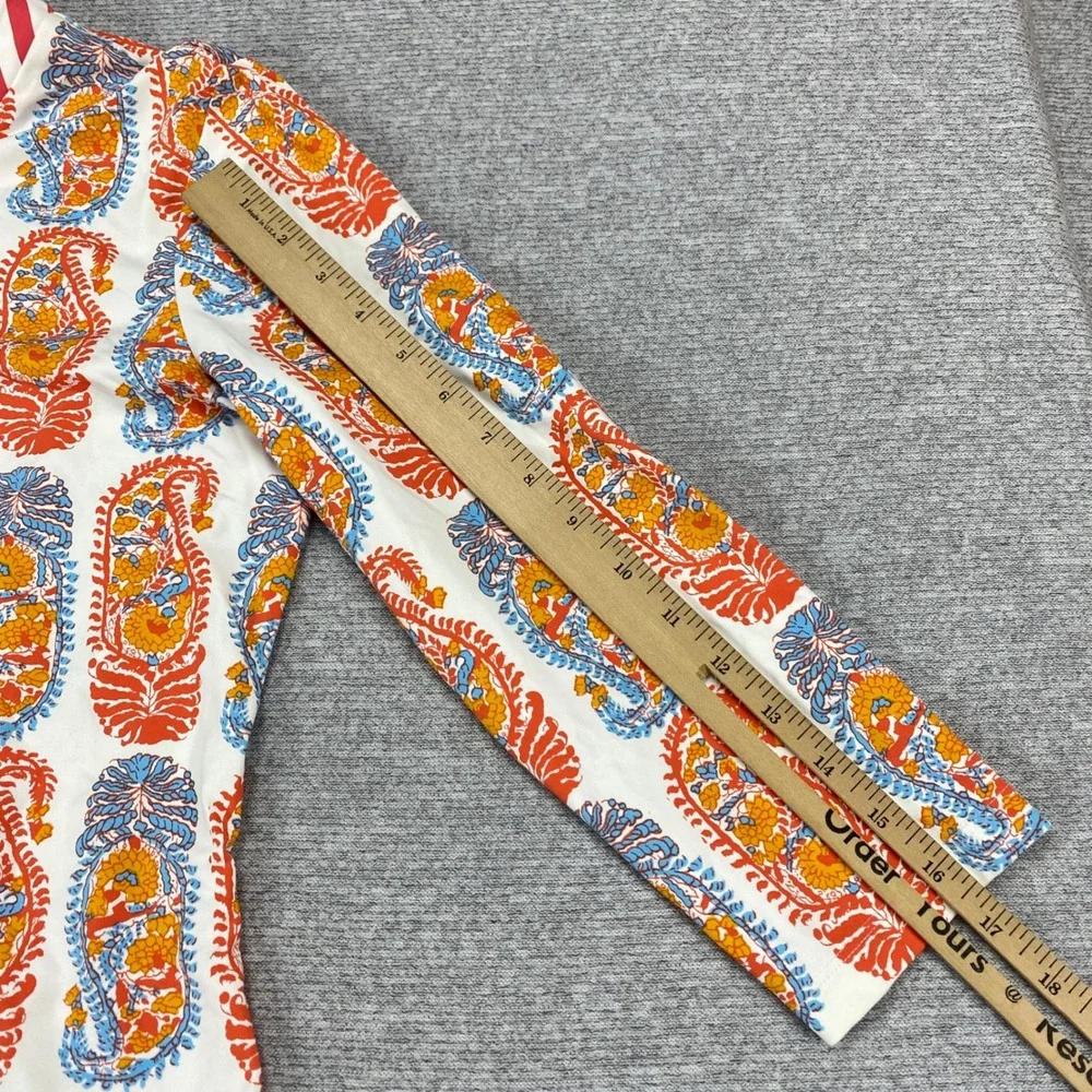 J.McLaughlin Catalina Cloth‎ Paisley Henley Tunic Top Orange Blue Striped Trim M